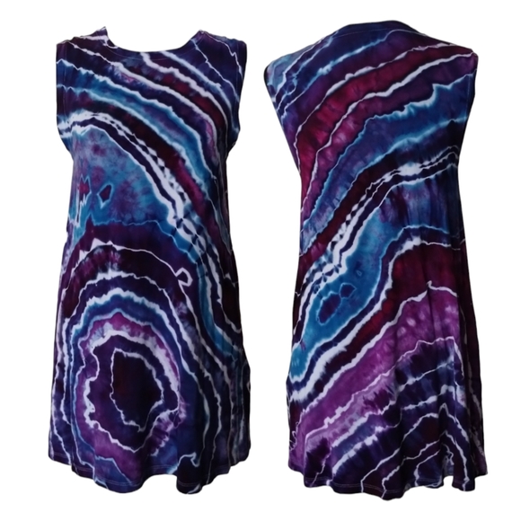 Medium Sleeveless Tunic Purple and Blue Geode Style Tie Dye Top - Picture 2 of 3
